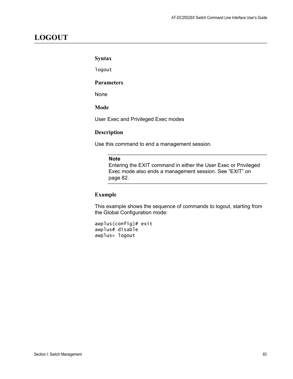 Logout | Allied Telesis AT-DC2552XS User Manual | Page 83 / 550