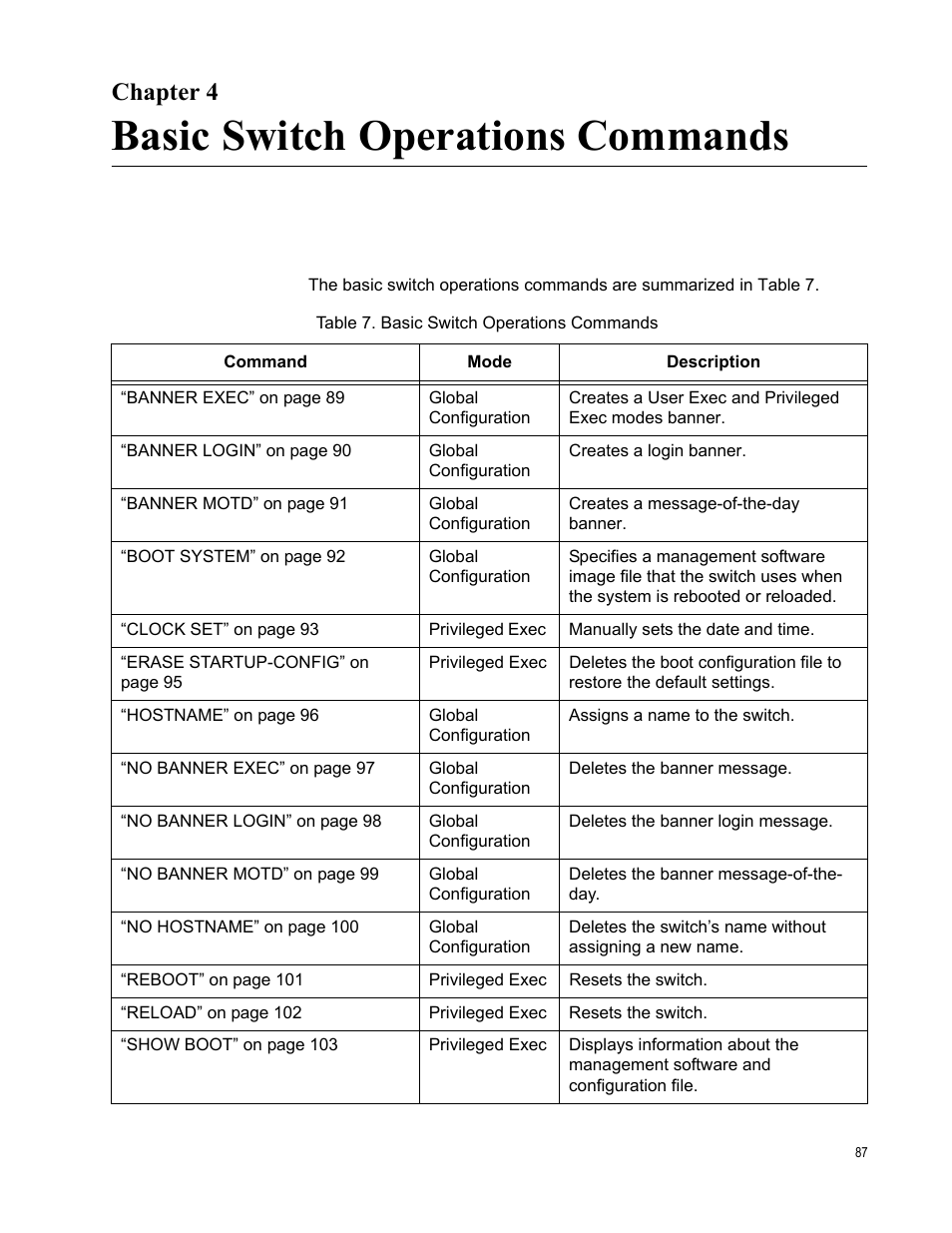 Chapter 4, Basic switch operations commands, Table 7. basic switch operations commands | Allied Telesis AT-DC2552XS User Manual | Page 87 / 550