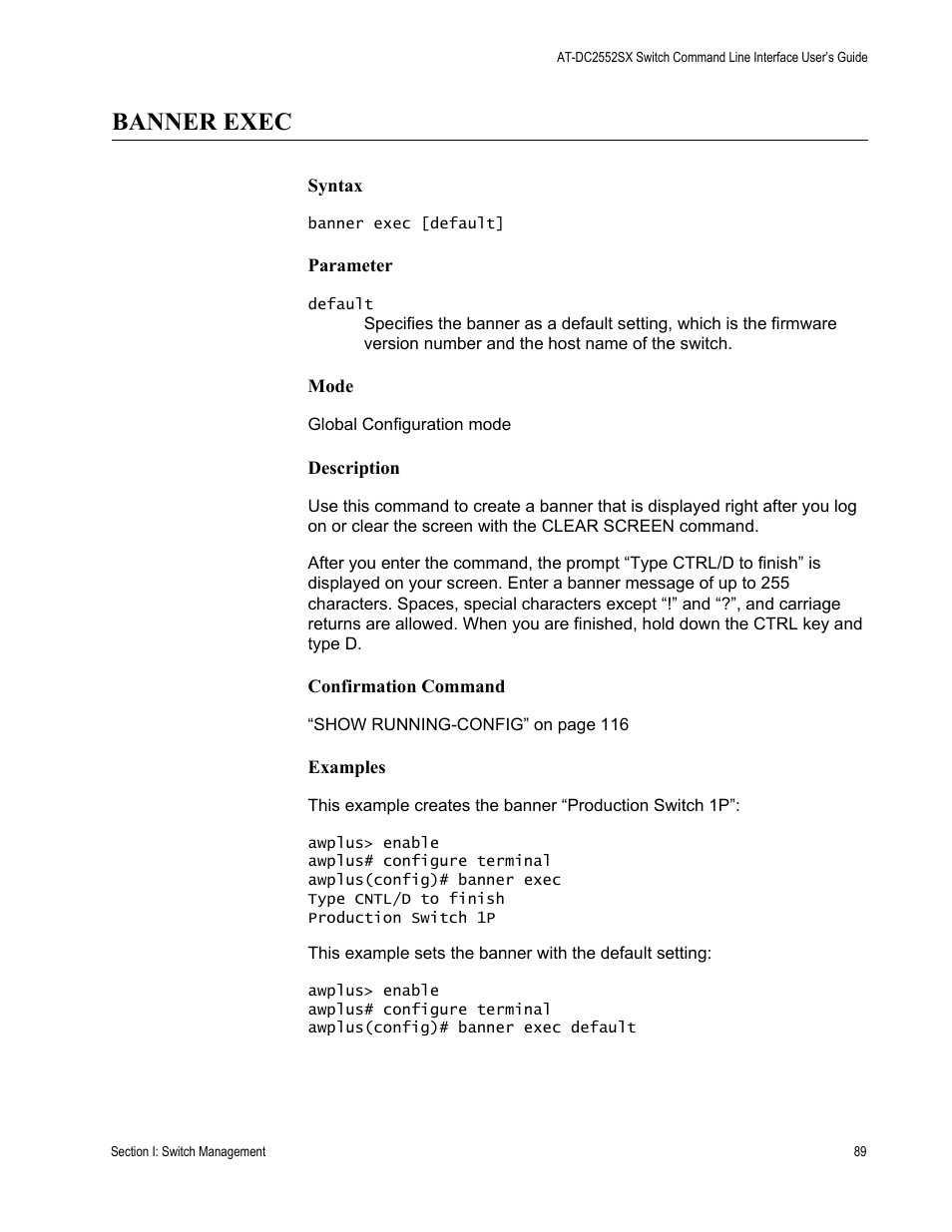 Banner exec | Allied Telesis AT-DC2552XS User Manual | Page 89 / 550