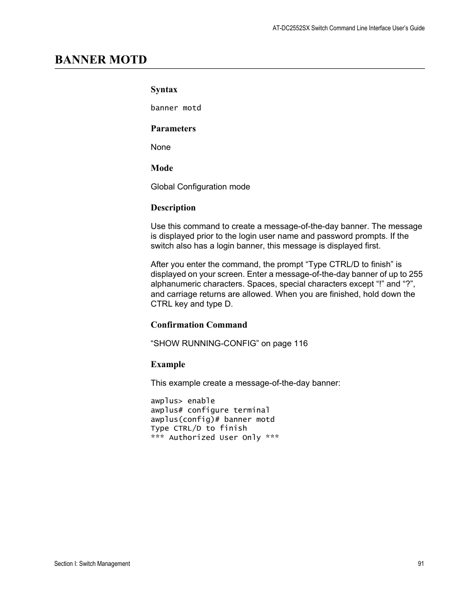 Banner motd | Allied Telesis AT-DC2552XS User Manual | Page 91 / 550