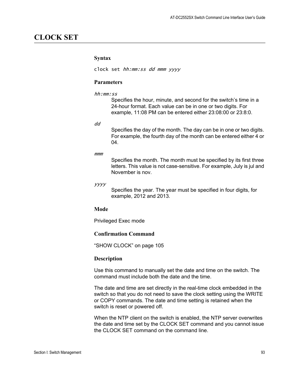 Clock set | Allied Telesis AT-DC2552XS User Manual | Page 93 / 550