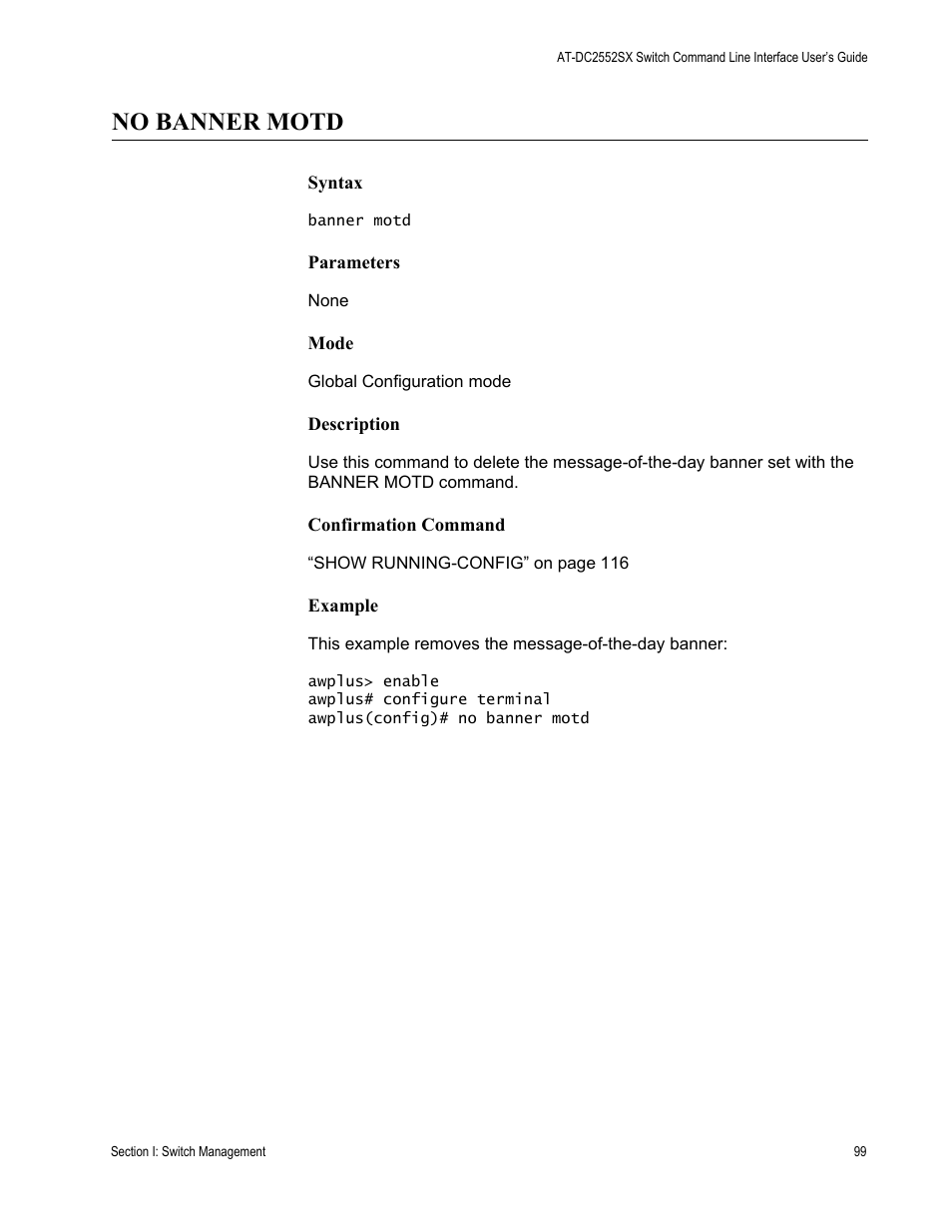 No banner motd | Allied Telesis AT-DC2552XS User Manual | Page 99 / 550