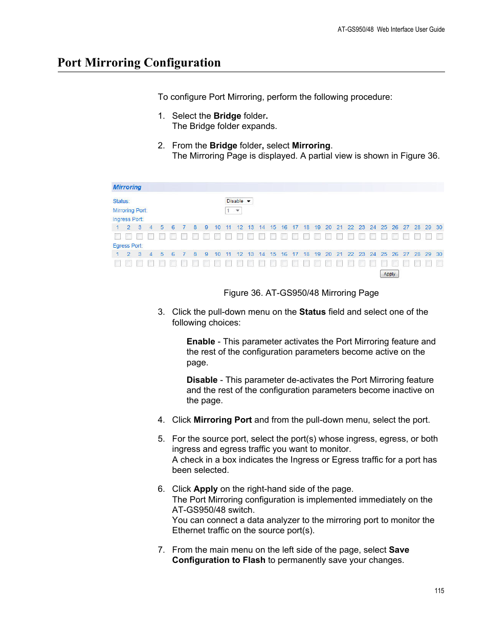 Port mirroring configuration | Allied Telesis AT-GS950/48 User Manual | Page 115 / 378