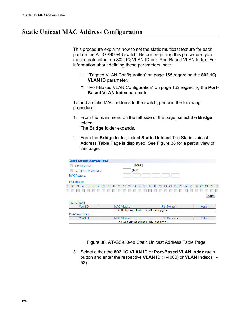 Static unicast mac address configuration | Allied Telesis AT-GS950/48 User Manual | Page 124 / 378