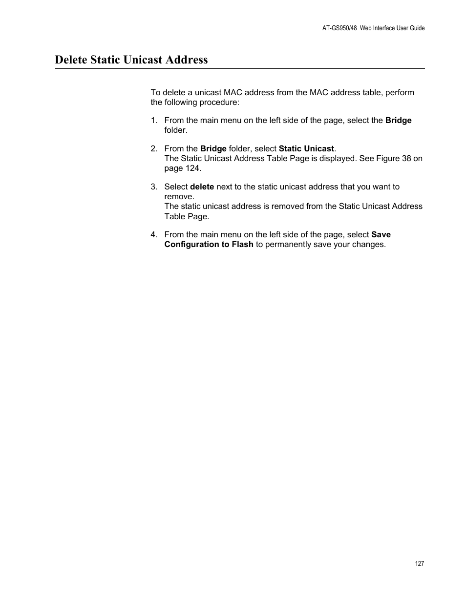 Delete static unicast address | Allied Telesis AT-GS950/48 User Manual | Page 127 / 378