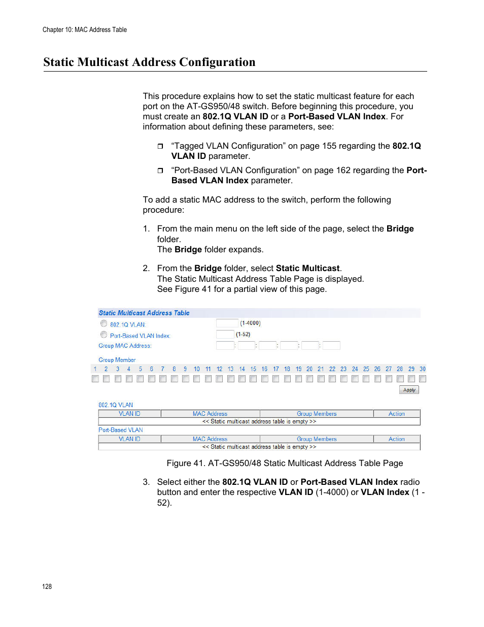 Static multicast address configuration | Allied Telesis AT-GS950/48 User Manual | Page 128 / 378