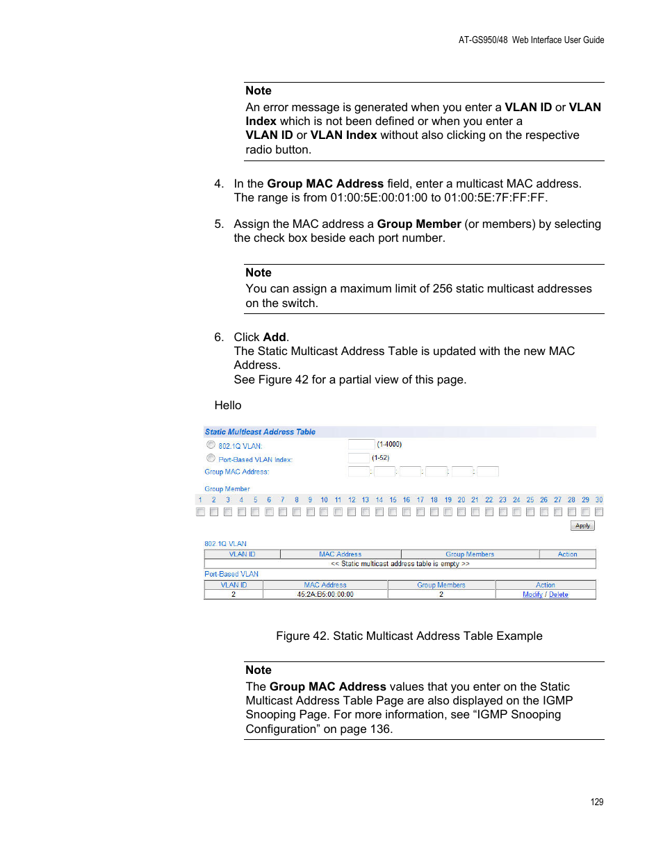 Figure 42. static multicast address table example | Allied Telesis AT-GS950/48 User Manual | Page 129 / 378