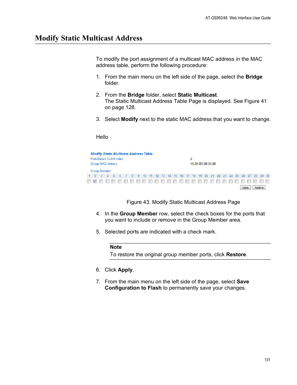 Modify static multicast address | Allied Telesis AT-GS950/48 User Manual | Page 131 / 378