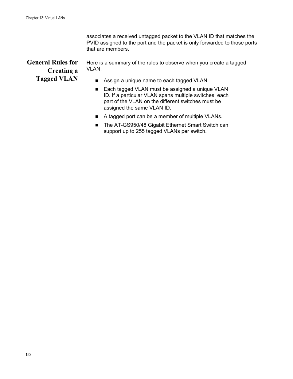 General rules for creating a tagged vlan | Allied Telesis AT-GS950/48 User Manual | Page 152 / 378