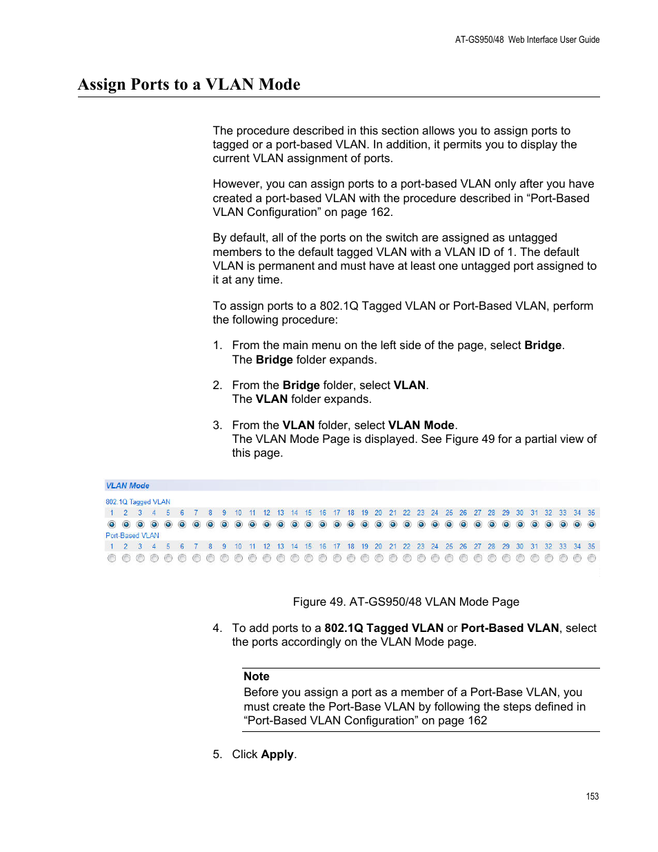 Assign ports to a vlan mode | Allied Telesis AT-GS950/48 User Manual | Page 153 / 378