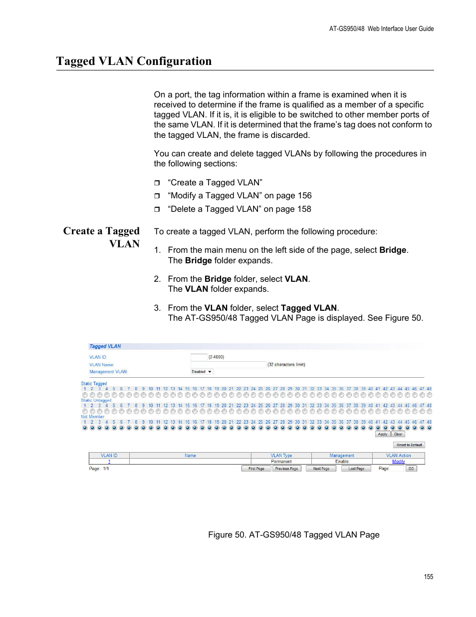 Tagged vlan configuration, Create a tagged vlan | Allied Telesis AT-GS950/48 User Manual | Page 155 / 378