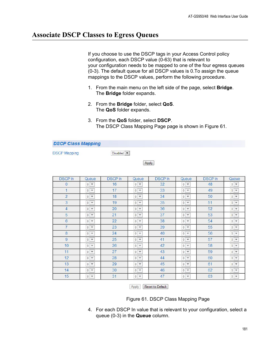 Associate dscp classes to egress queues | Allied Telesis AT-GS950/48 User Manual | Page 181 / 378