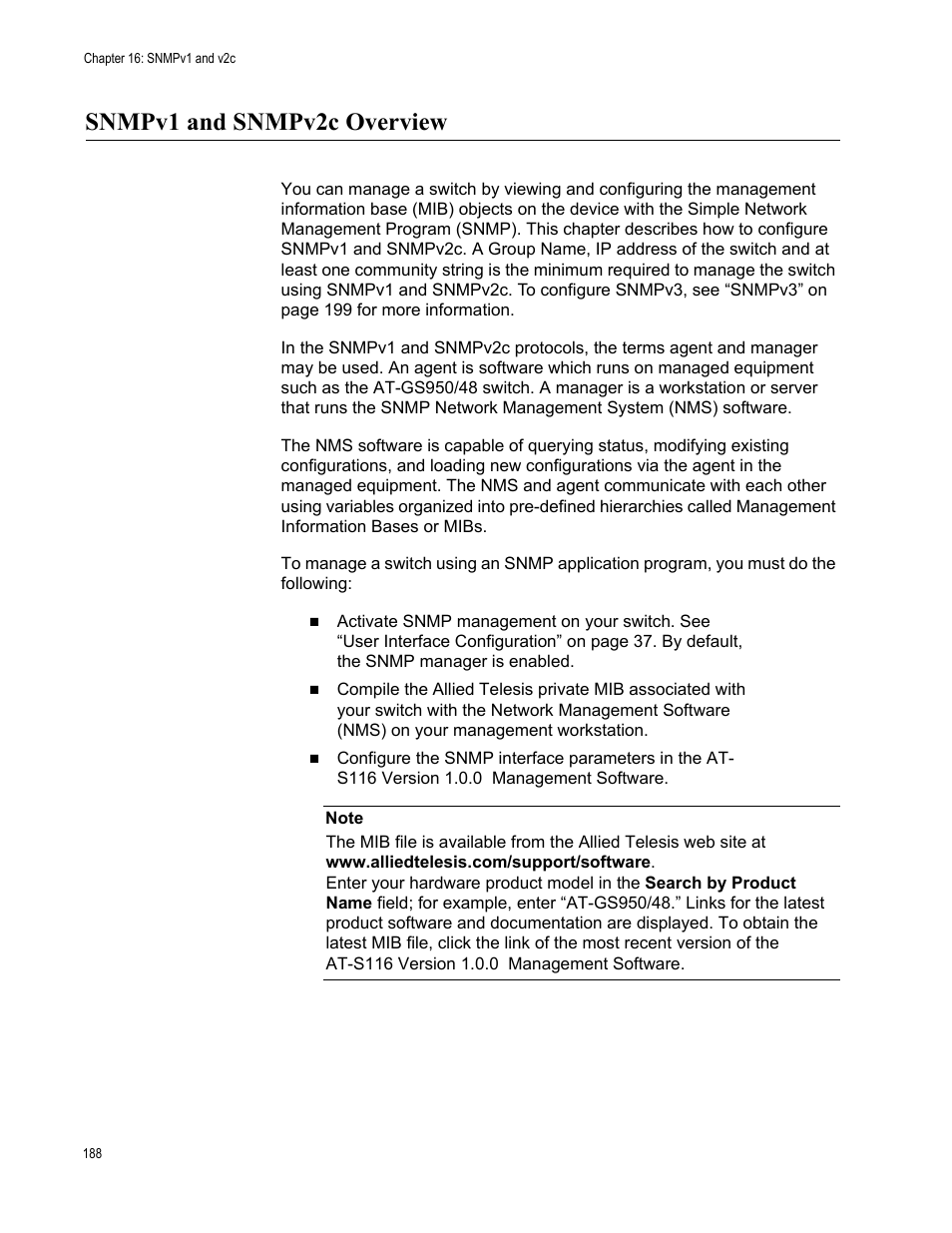 Snmpv1 and snmpv2c overview | Allied Telesis AT-GS950/48 User Manual | Page 188 / 378