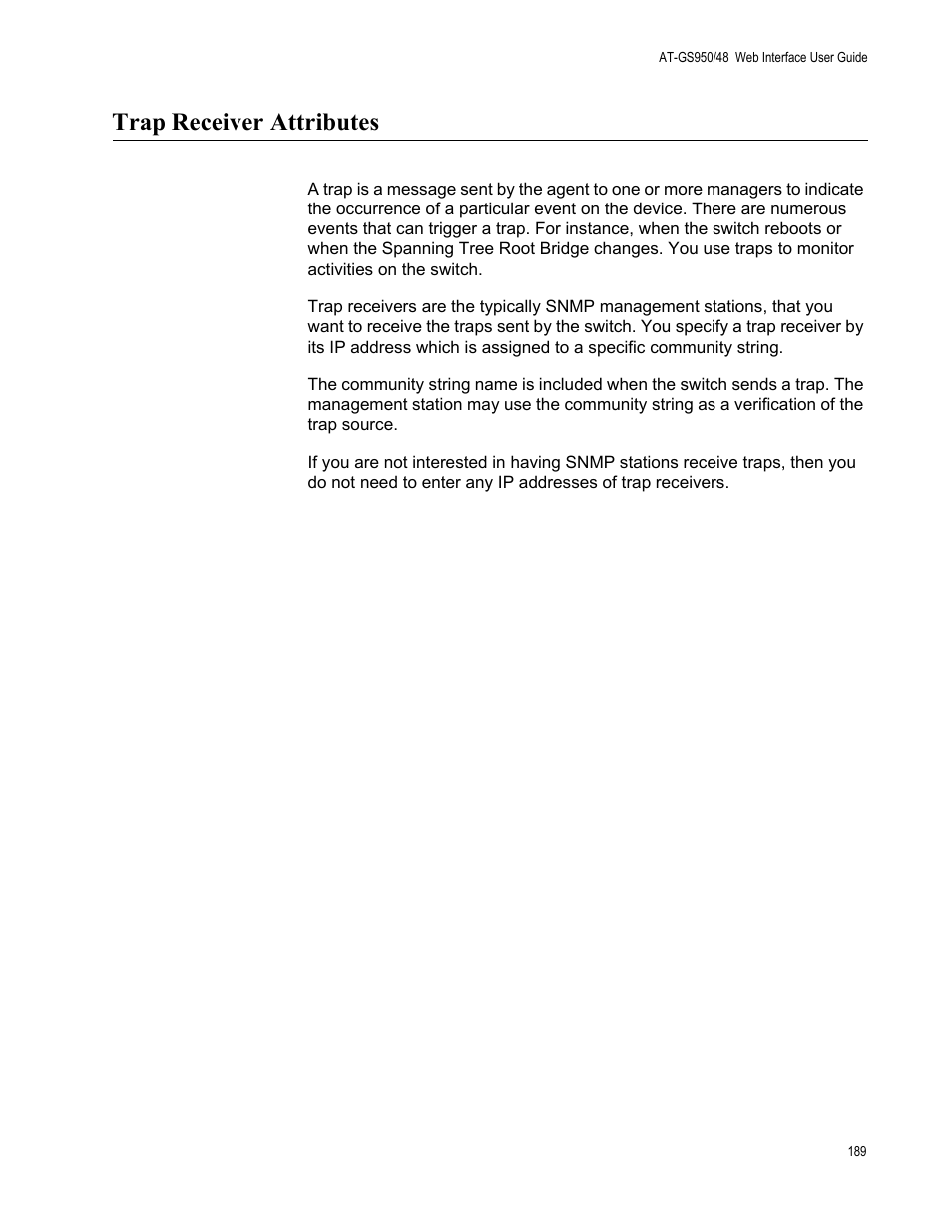 Trap receiver attributes, Trap, Receiver attributes | Allied Telesis AT-GS950/48 User Manual | Page 189 / 378