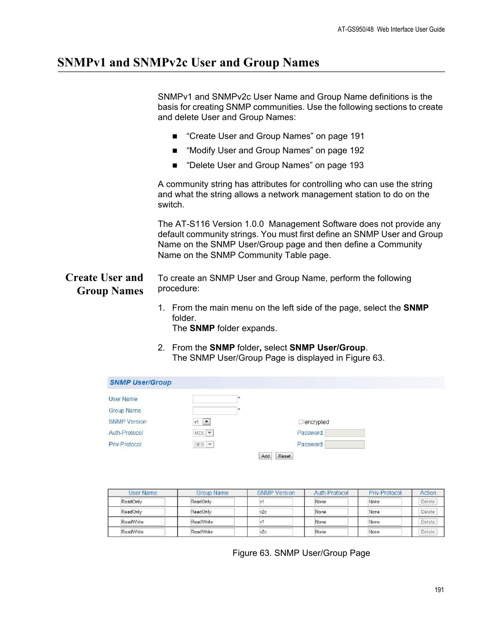 Snmpv1 and snmpv2c user and group names, Create user and group names | Allied Telesis AT-GS950/48 User Manual | Page 191 / 378