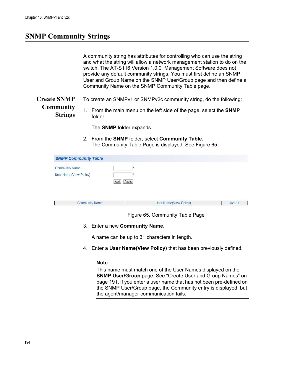 Snmp community strings, Create snmp community strings | Allied Telesis AT-GS950/48 User Manual | Page 194 / 378