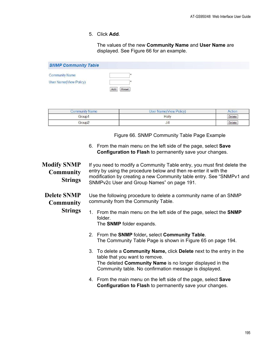 Modify snmp community strings, Delete snmp community strings | Allied Telesis AT-GS950/48 User Manual | Page 195 / 378