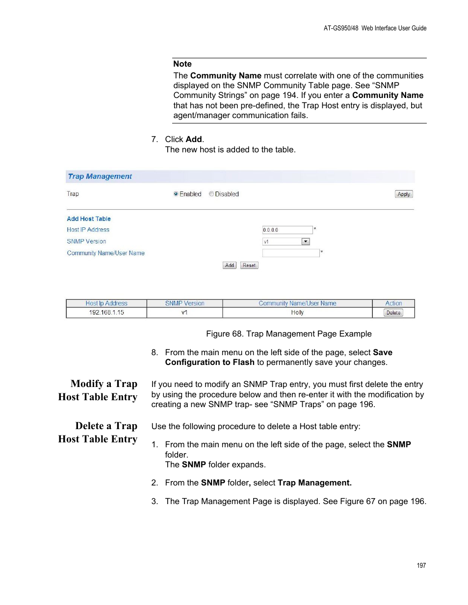 Modify a trap host table entry, Delete a trap host table entry | Allied Telesis AT-GS950/48 User Manual | Page 197 / 378