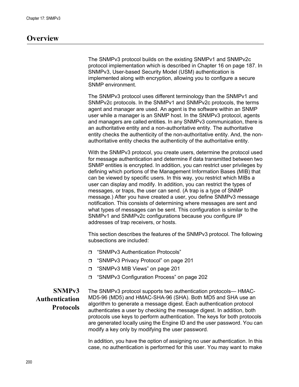Overview, Snmpv3 authentication protocols | Allied Telesis AT-GS950/48 User Manual | Page 200 / 378