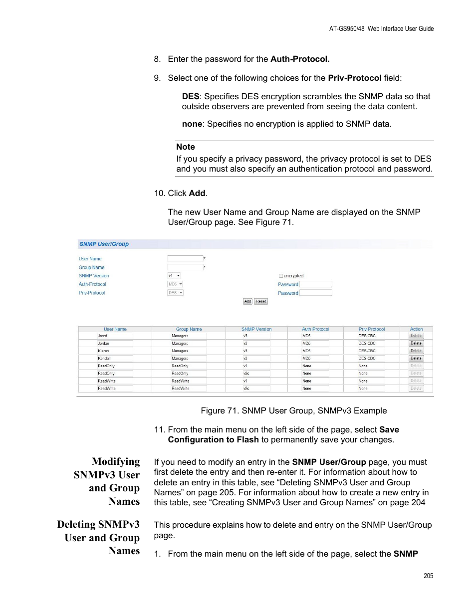 Modifying snmpv3 user and group names, Deleting snmpv3 user and group names, Figure 71. snmp user group, snmpv3 example | Allied Telesis AT-GS950/48 User Manual | Page 205 / 378