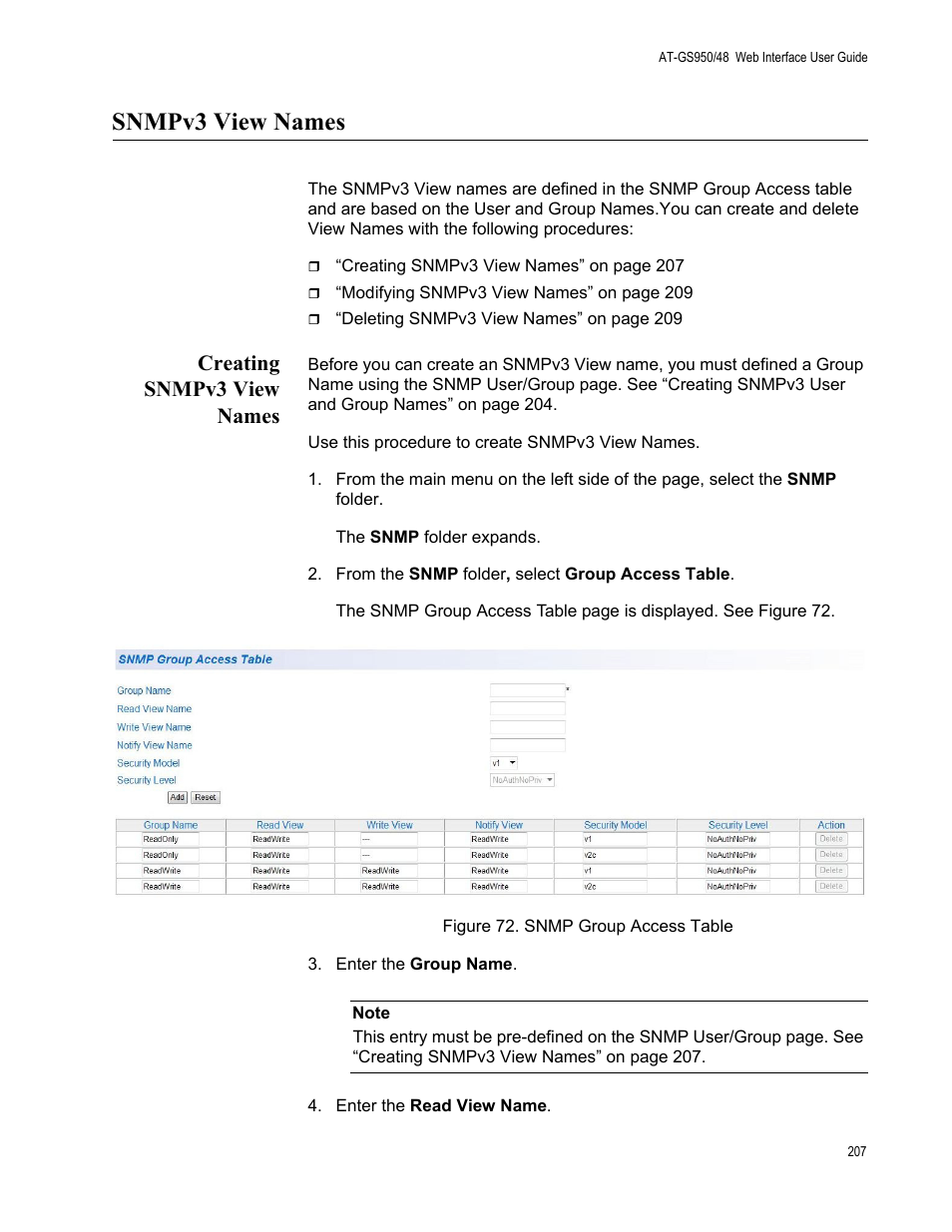 Snmpv3 view names, Creating snmpv3 view names, Figure 72. snmp group access table | Allied Telesis AT-GS950/48 User Manual | Page 207 / 378
