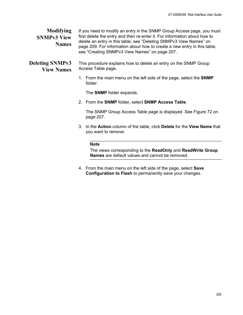 Modifying snmpv3 view names, Deleting snmpv3 view names | Allied Telesis AT-GS950/48 User Manual | Page 209 / 378