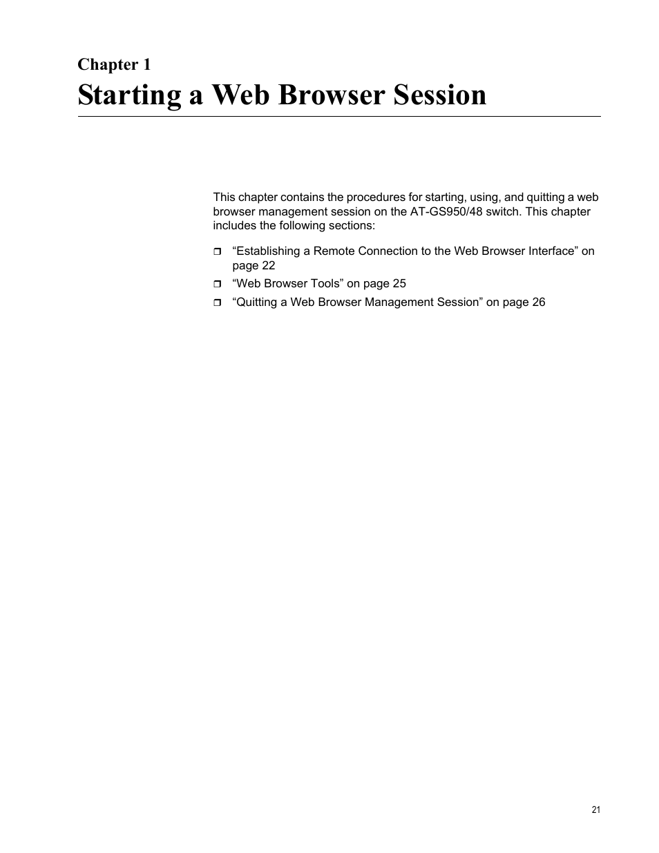Chapter 1, Starting a web browser session, Chapte | Allied Telesis AT-GS950/48 User Manual | Page 21 / 378
