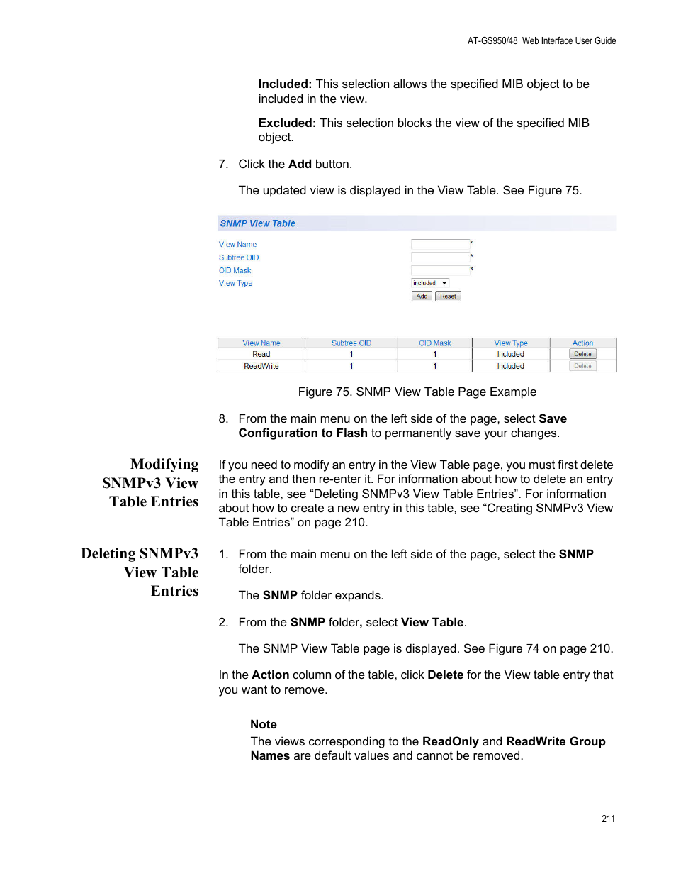 Modifying snmpv3 view table entries, Deleting snmpv3 view table entries | Allied Telesis AT-GS950/48 User Manual | Page 211 / 378
