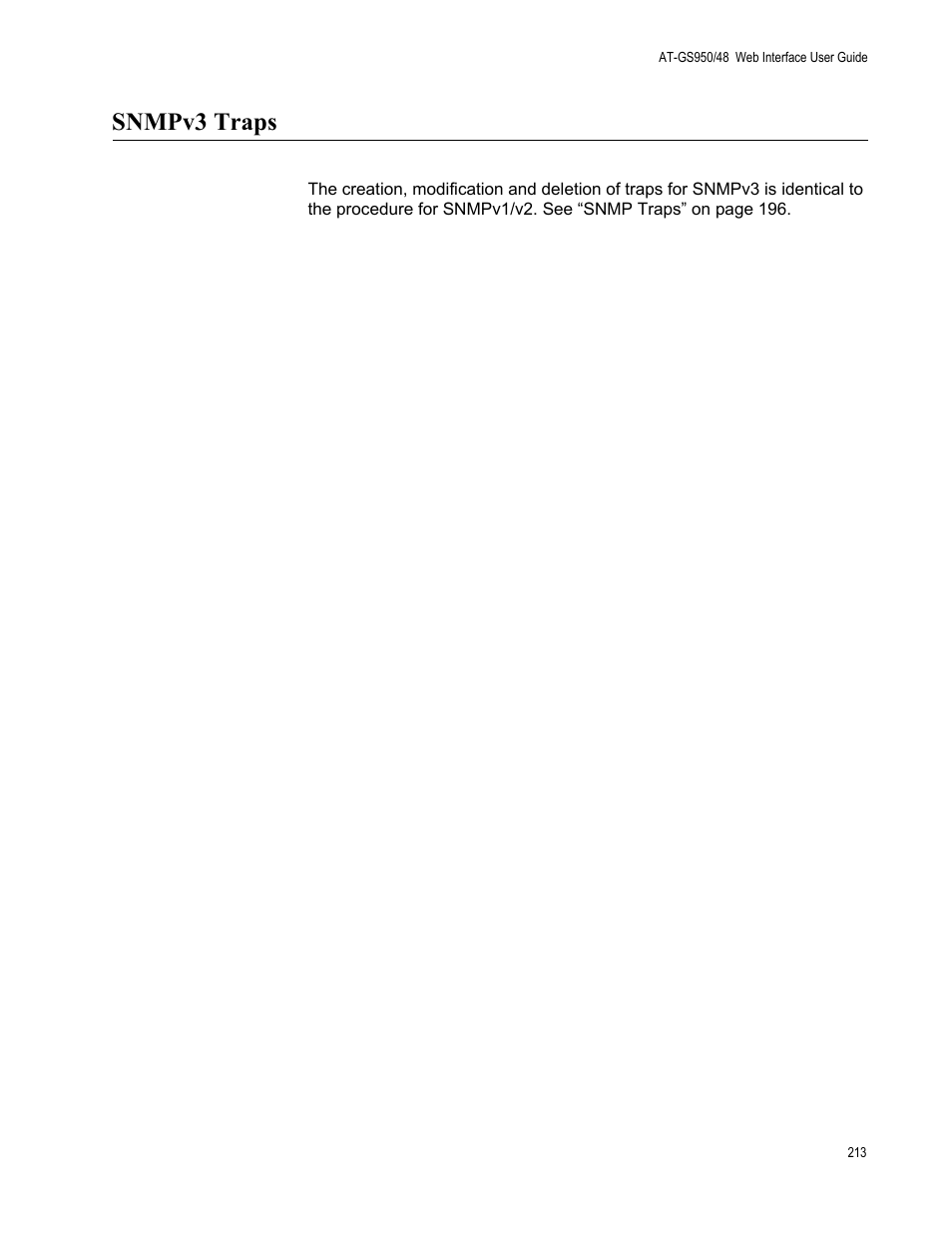 Snmpv3 traps | Allied Telesis AT-GS950/48 User Manual | Page 213 / 378