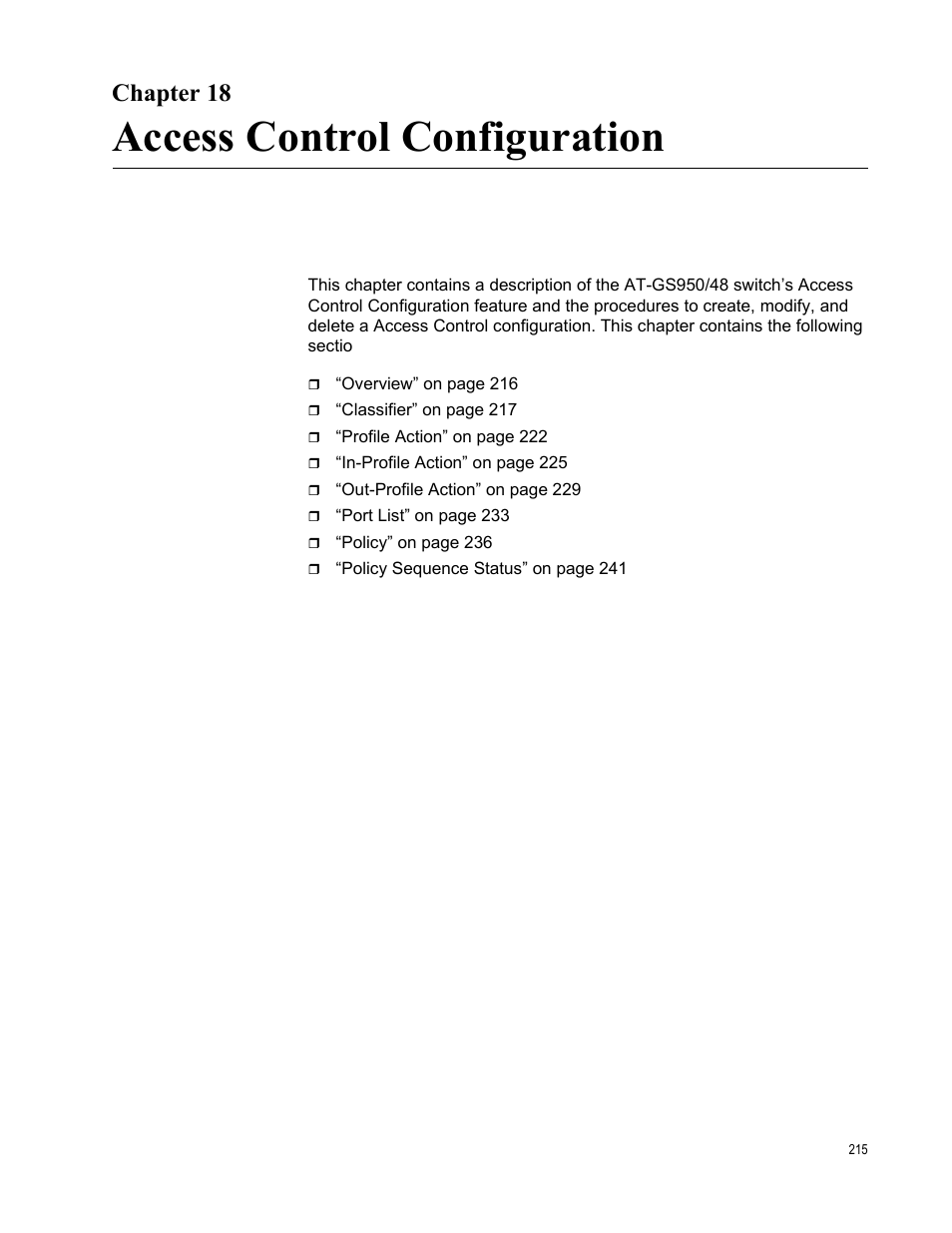 Chapter 18, Access control configuration | Allied Telesis AT-GS950/48 User Manual | Page 215 / 378