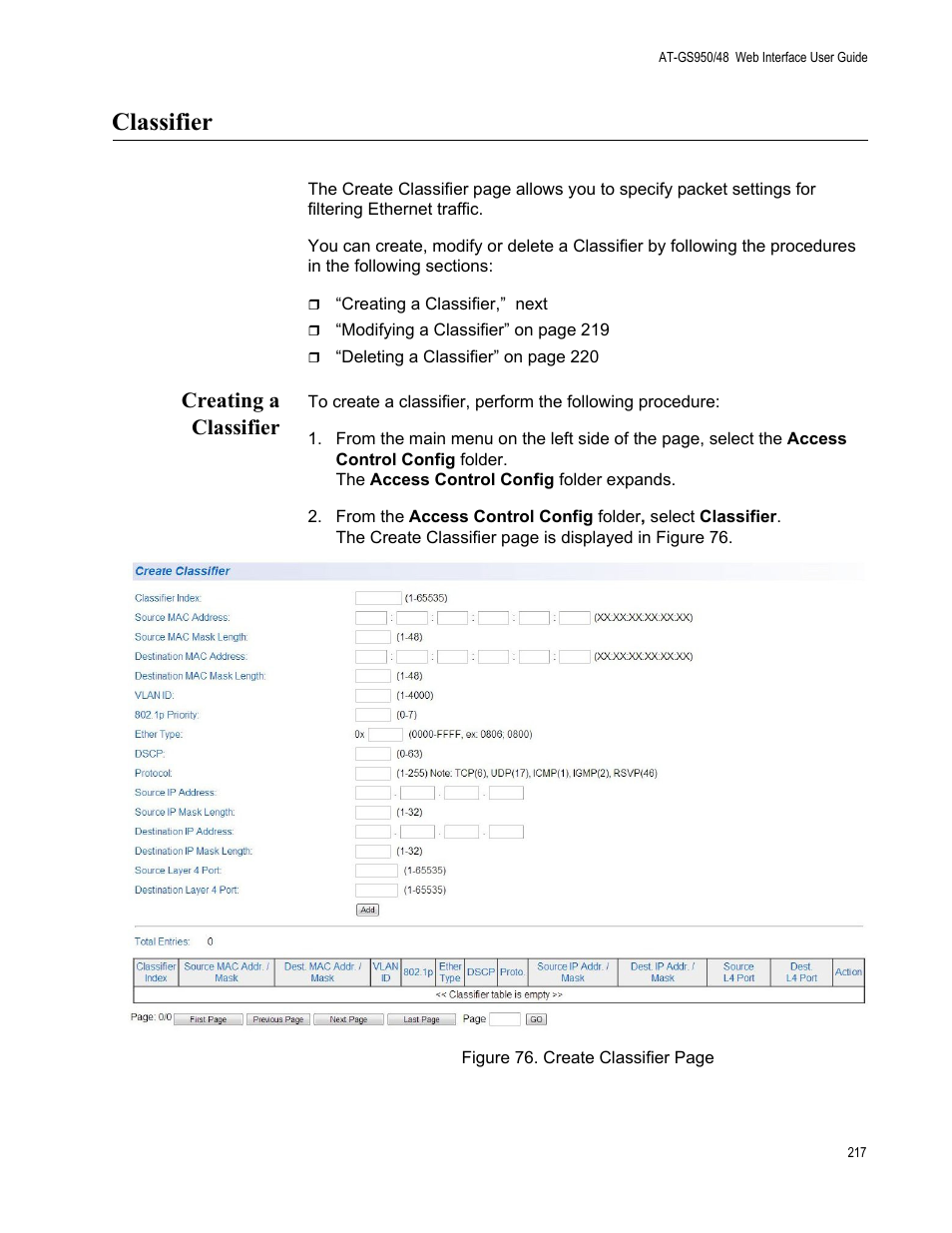 Classifier, Creating a classifier | Allied Telesis AT-GS950/48 User Manual | Page 217 / 378