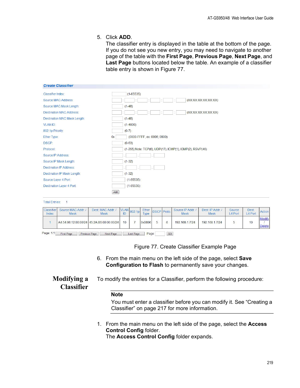 Modifying a classifier | Allied Telesis AT-GS950/48 User Manual | Page 219 / 378