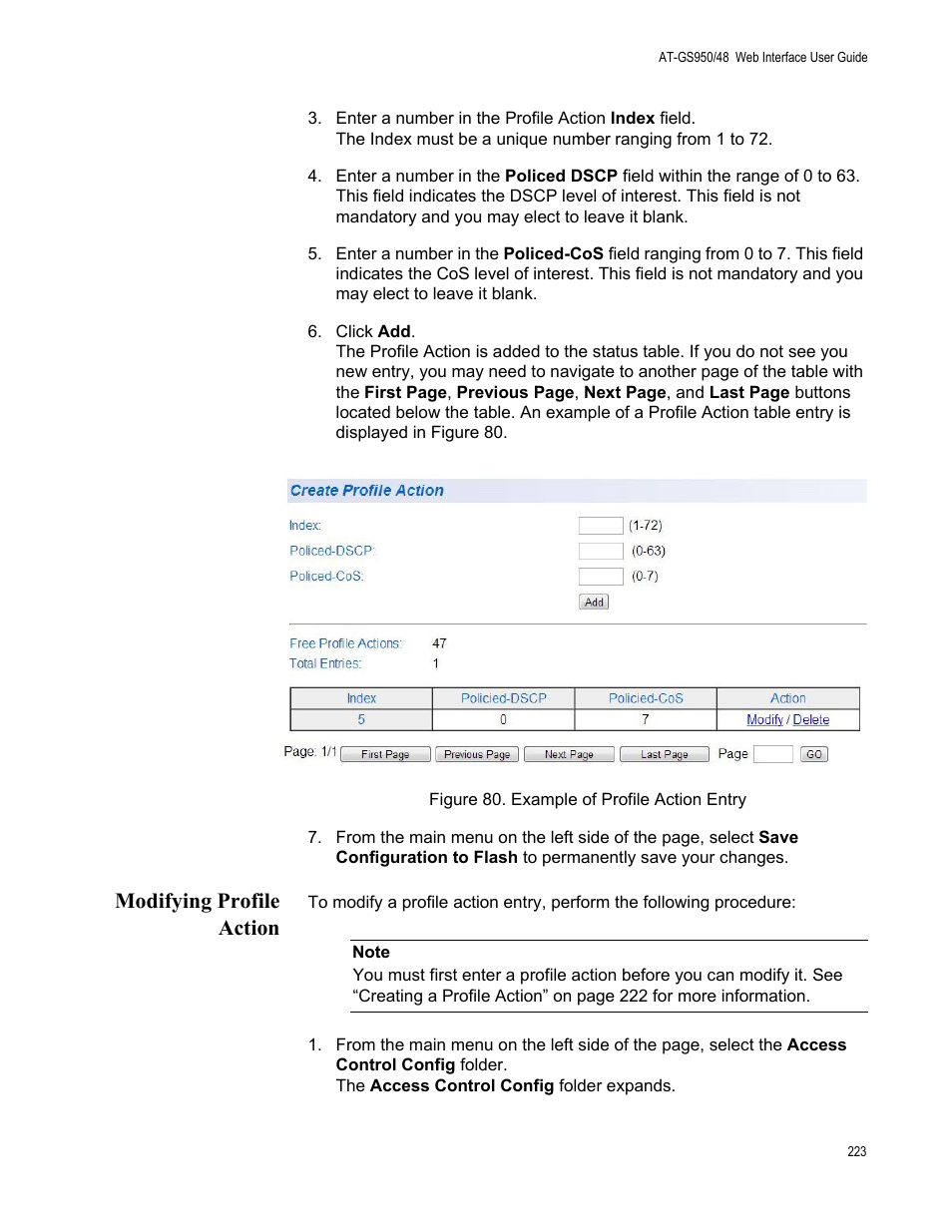 Modifying profile action, Figure 80. example of profile action entry | Allied Telesis AT-GS950/48 User Manual | Page 223 / 378