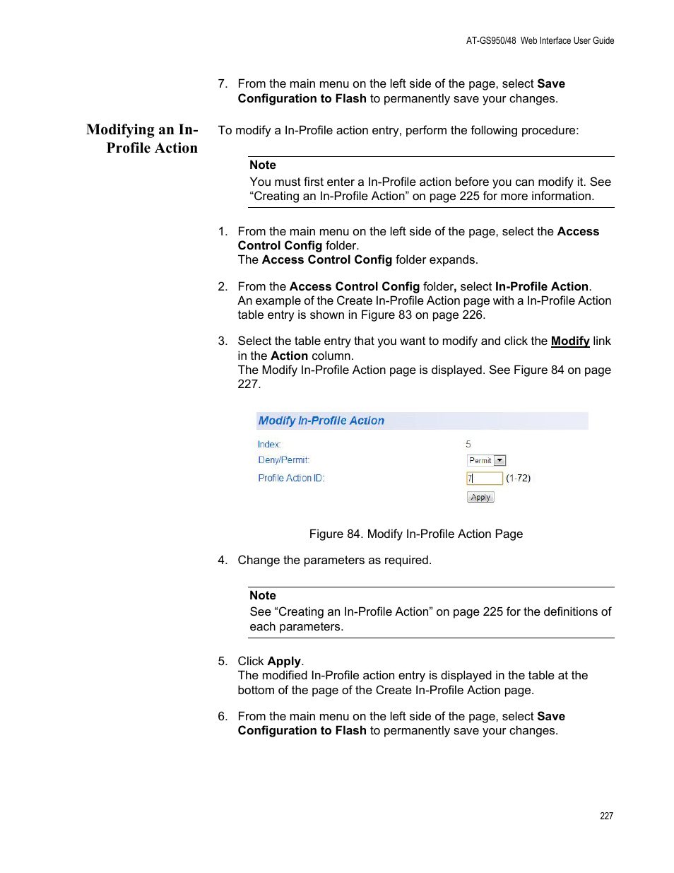 Modifying an in- profile action, Modifying an in-profile action | Allied Telesis AT-GS950/48 User Manual | Page 227 / 378