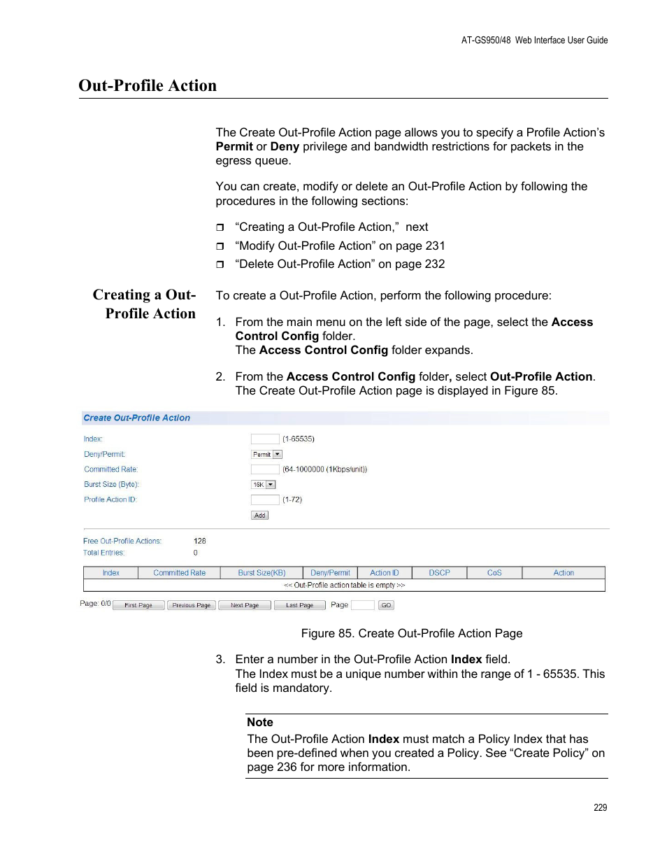 Out-profile action, Creating a out- profile action, Creating a out-profile action | Allied Telesis AT-GS950/48 User Manual | Page 229 / 378