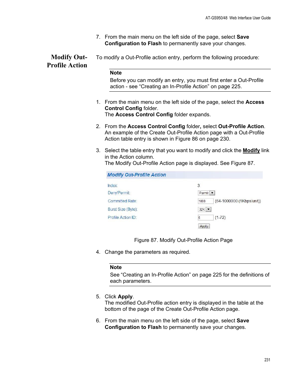 Modify out- profile action, Modify out-profile action | Allied Telesis AT-GS950/48 User Manual | Page 231 / 378