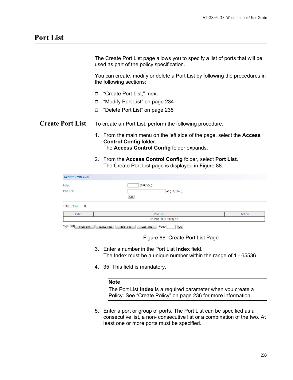 Port list, Create port list | Allied Telesis AT-GS950/48 User Manual | Page 233 / 378