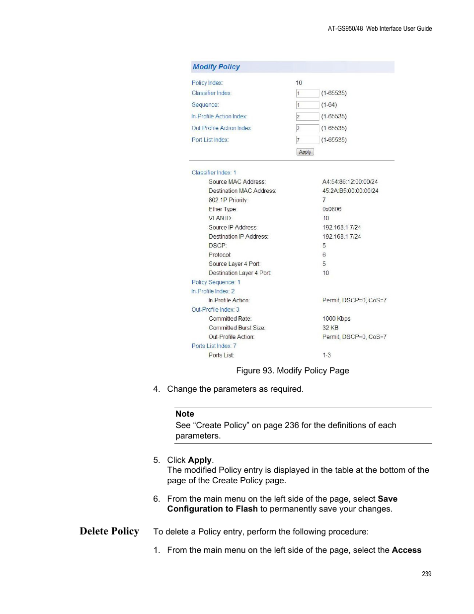 Delete policy | Allied Telesis AT-GS950/48 User Manual | Page 239 / 378