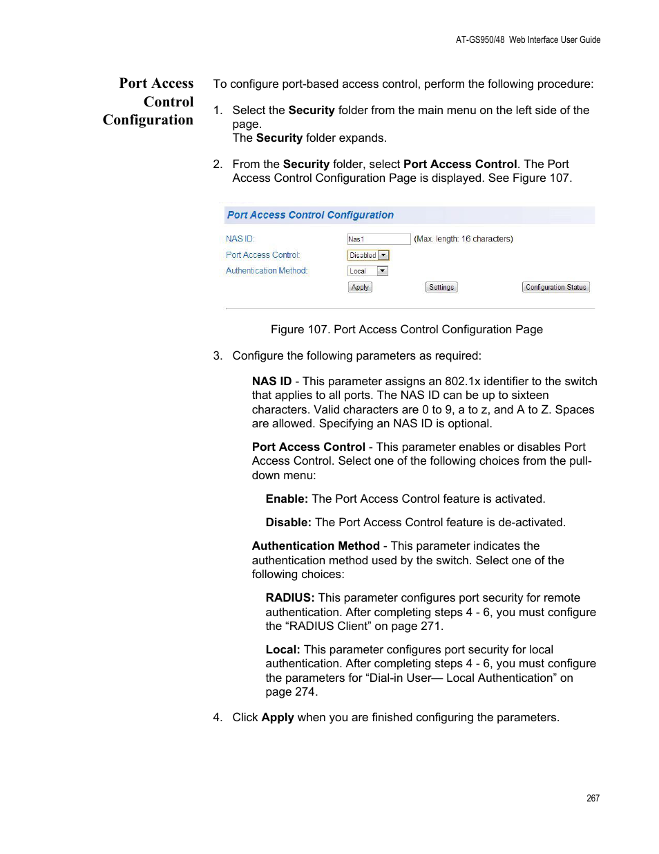 Port access control configuration | Allied Telesis AT-GS950/48 User Manual | Page 267 / 378