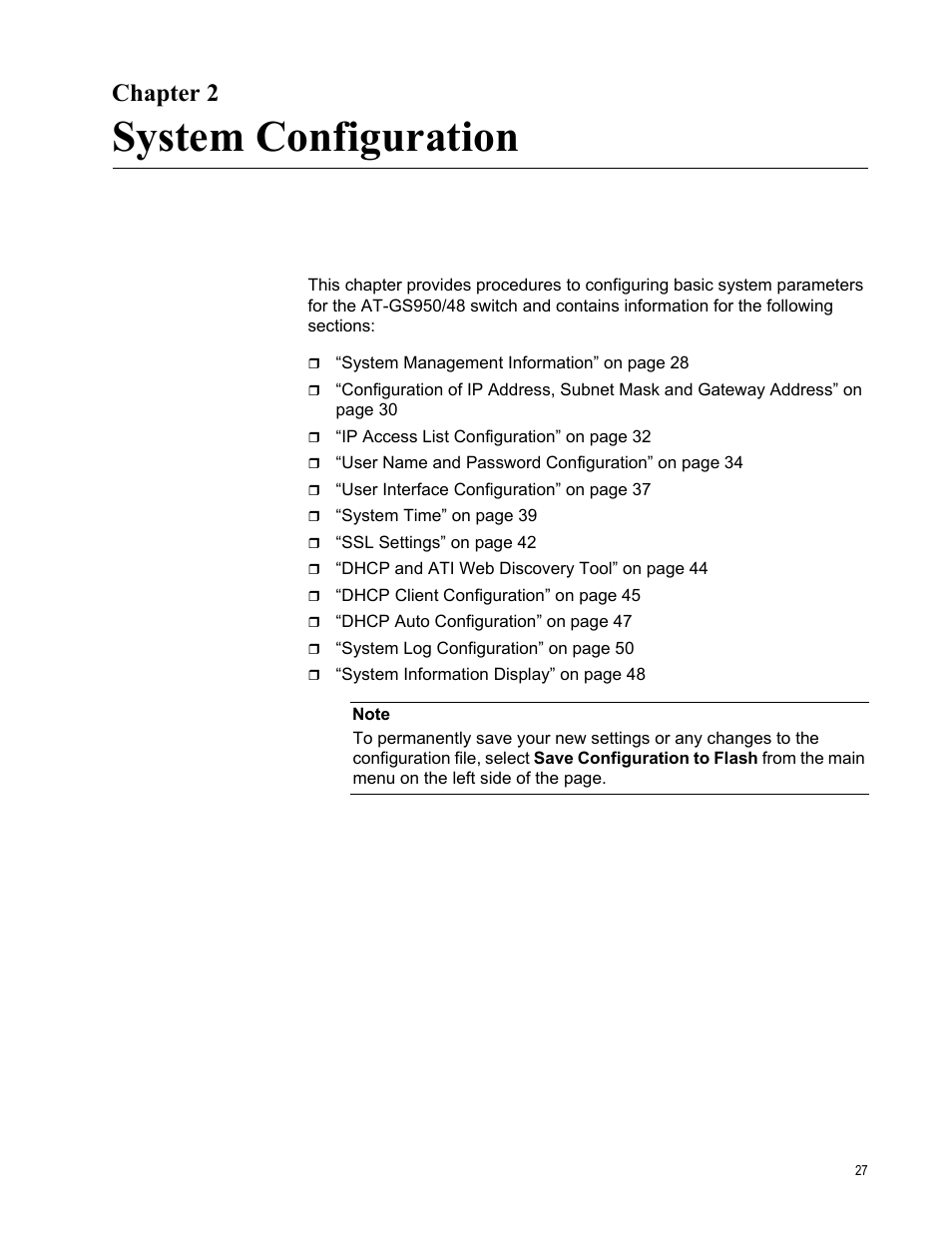 Chapter 2, System configuration, Chapte | Allied Telesis AT-GS950/48 User Manual | Page 27 / 378
