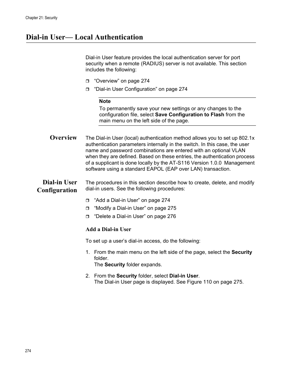 Dial-in user— local authentication, Overview, Dial-in user configuration | Overview dial-in user configuration | Allied Telesis AT-GS950/48 User Manual | Page 274 / 378