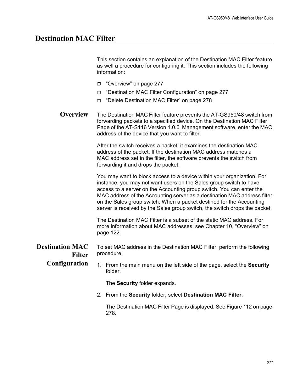 Destination mac filter, Overview, Destination mac filter configuration | Overview destination mac filter configuration | Allied Telesis AT-GS950/48 User Manual | Page 277 / 378
