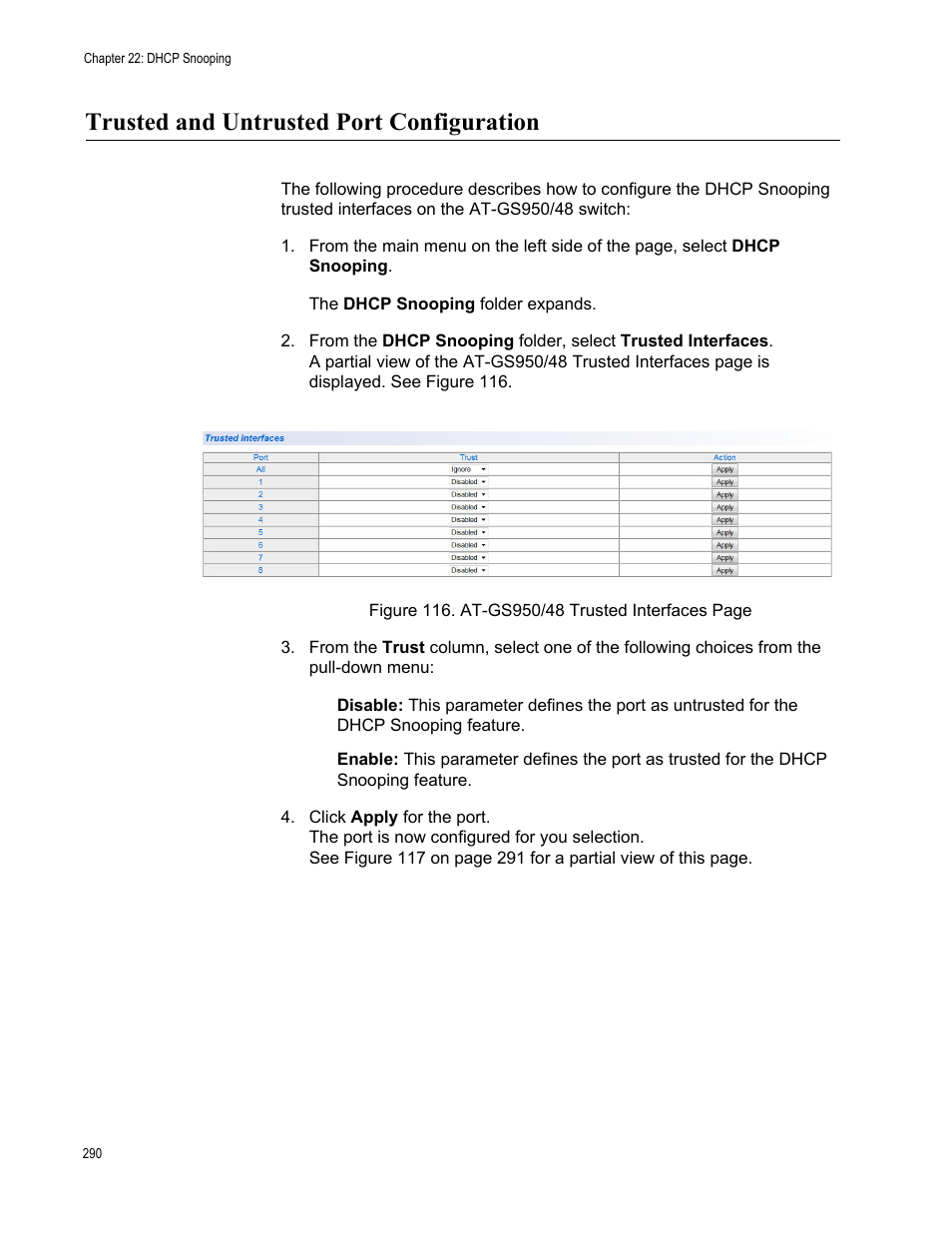 Trusted and untrusted port configuration | Allied Telesis AT-GS950/48 User Manual | Page 290 / 378