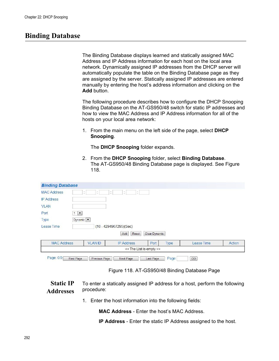 Binding database, Static ip addresses | Allied Telesis AT-GS950/48 User Manual | Page 292 / 378