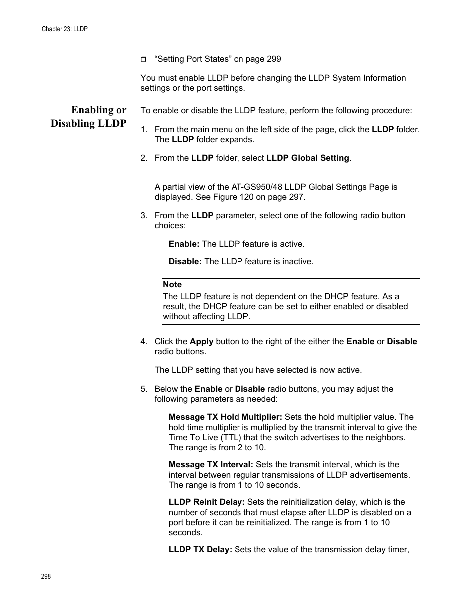 Enabling or disabling lldp | Allied Telesis AT-GS950/48 User Manual | Page 298 / 378