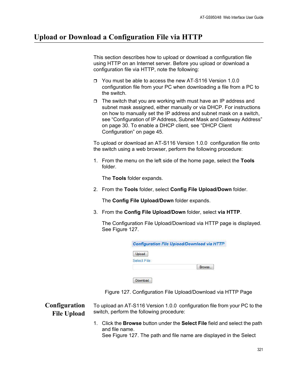 Upload or download a configuration file via http, Configuration file upload | Allied Telesis AT-GS950/48 User Manual | Page 321 / 378