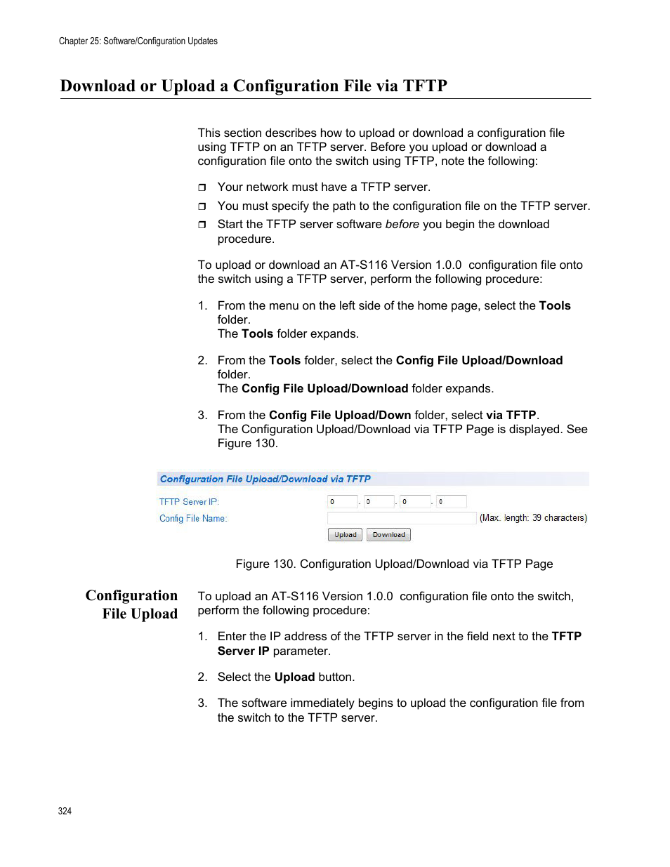 Download or upload a configuration file via tftp, Configuration file upload | Allied Telesis AT-GS950/48 User Manual | Page 324 / 378