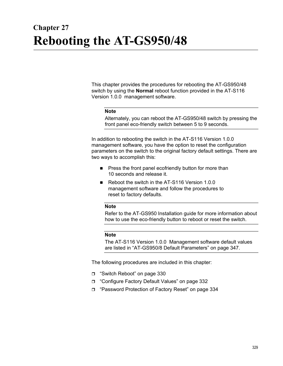 Chapter 27, Rebooting the at-gs950/48 | Allied Telesis AT-GS950/48 User Manual | Page 329 / 378