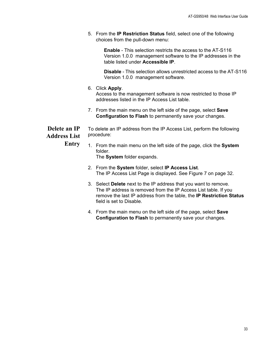Delete an ip address list entry | Allied Telesis AT-GS950/48 User Manual | Page 33 / 378