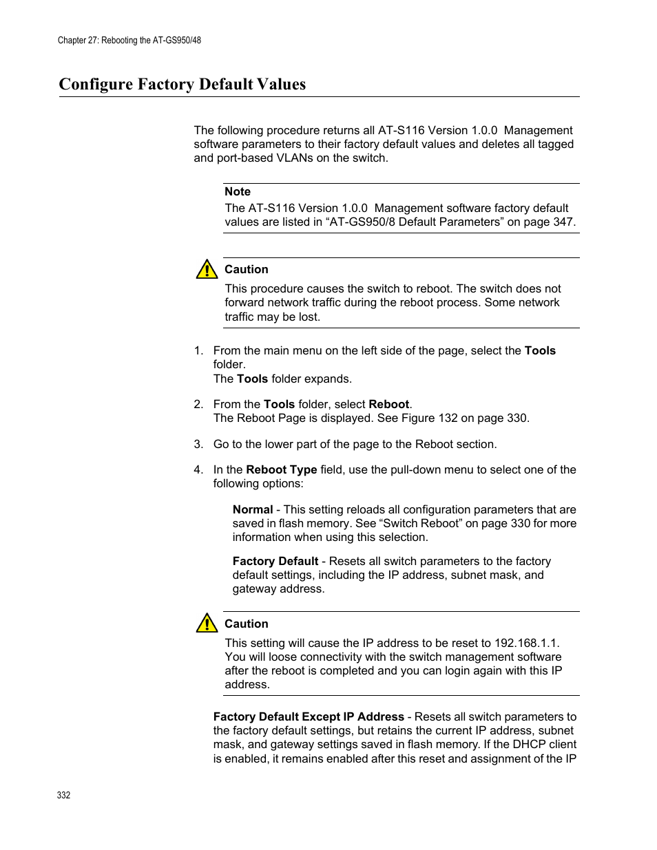 Configure factory default values, Configure factory default, Values | Allied Telesis AT-GS950/48 User Manual | Page 332 / 378